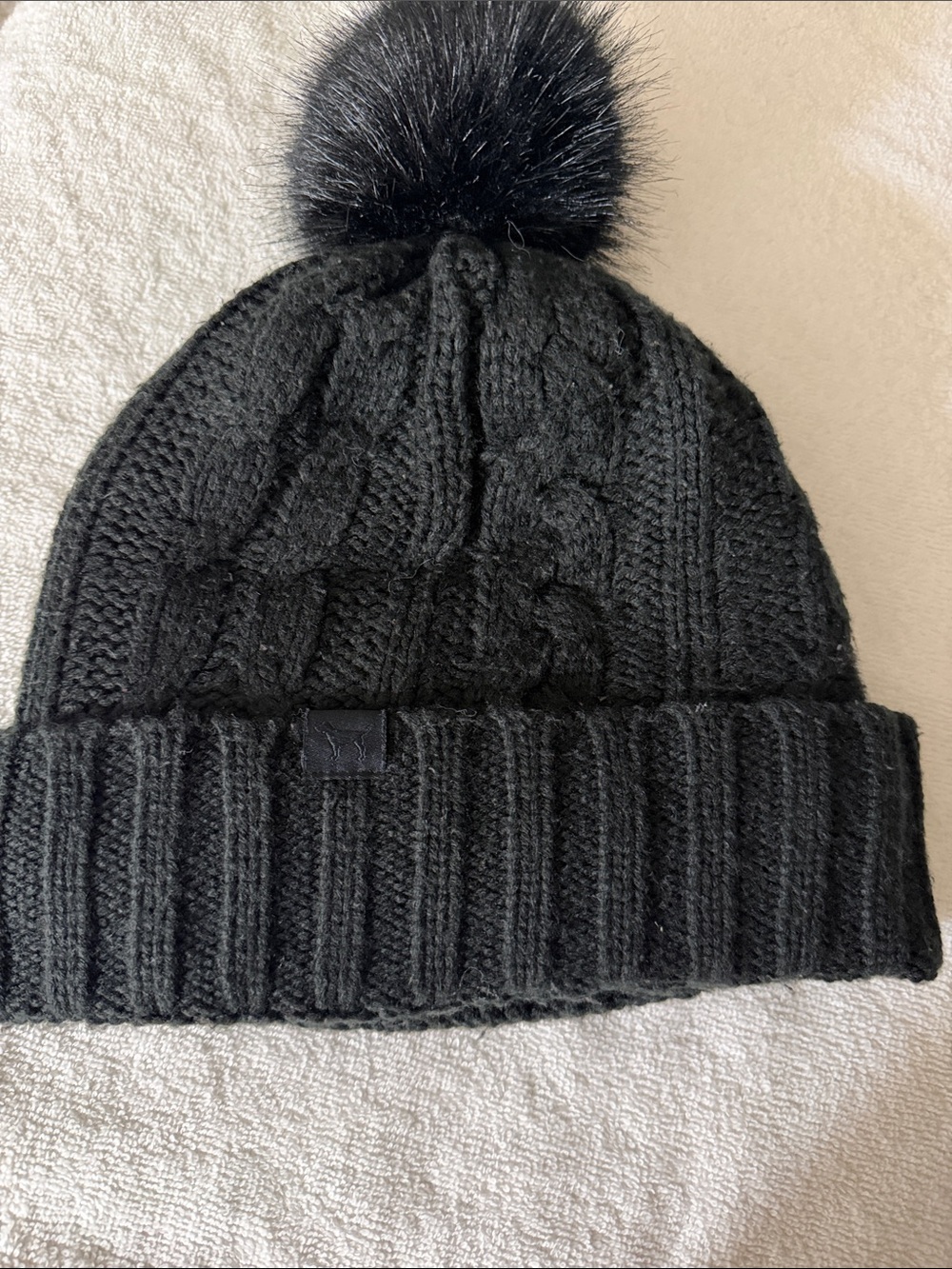 PINK Victoria's Secret Black Cable-Knit Pom Beanie